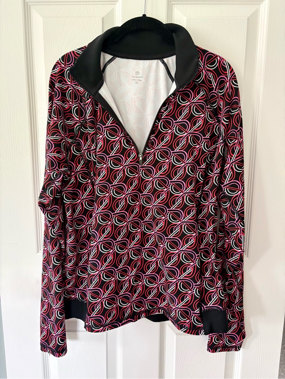 T by Talbots Black Pullover with Pink & White Geometric Trim